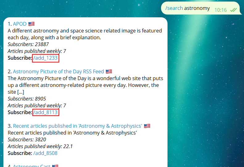 Search command example in The Feed Reader Bot